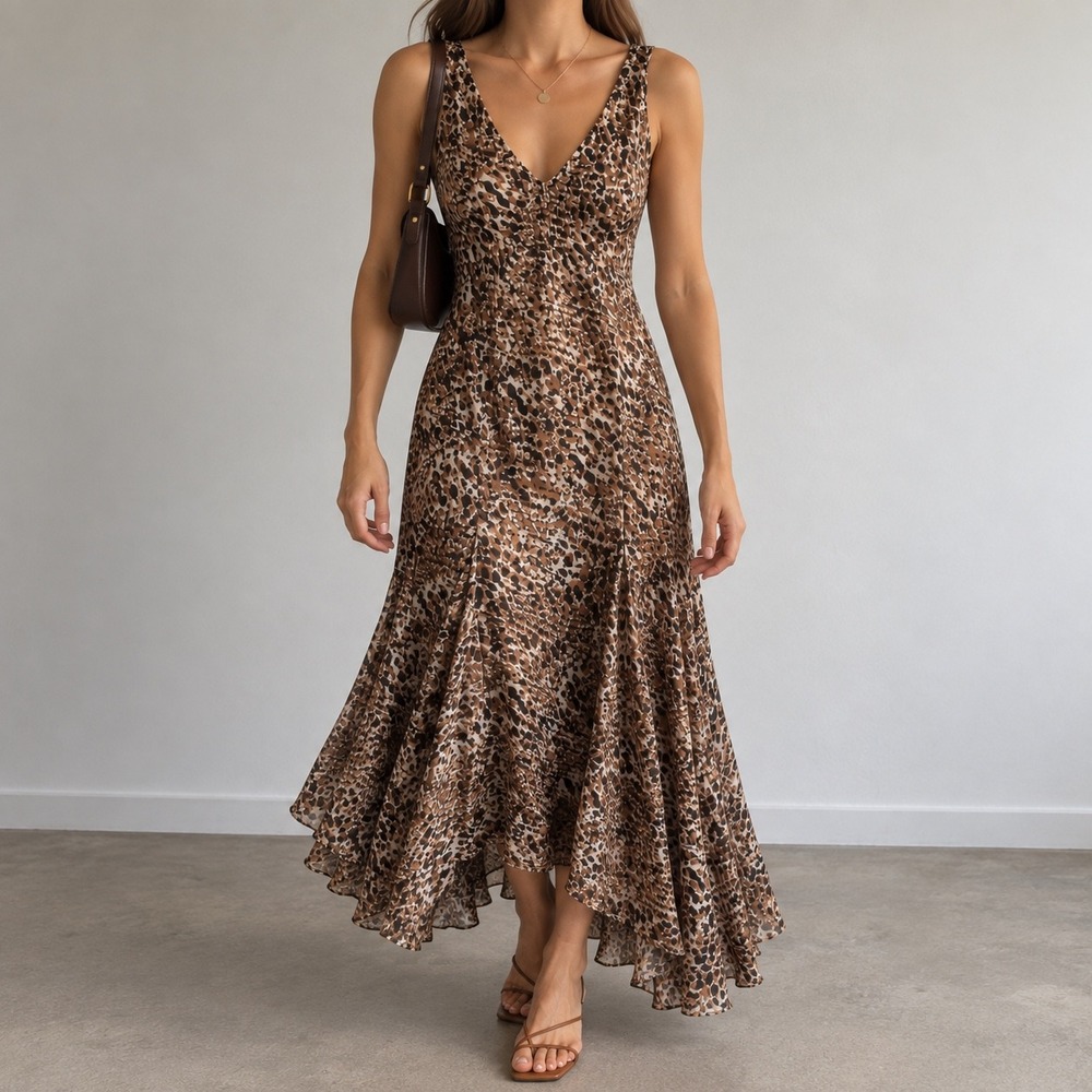 Lauren Ralph Lauren Leopard Print Midi Dress Womens 2 Brown Animal Print Boho